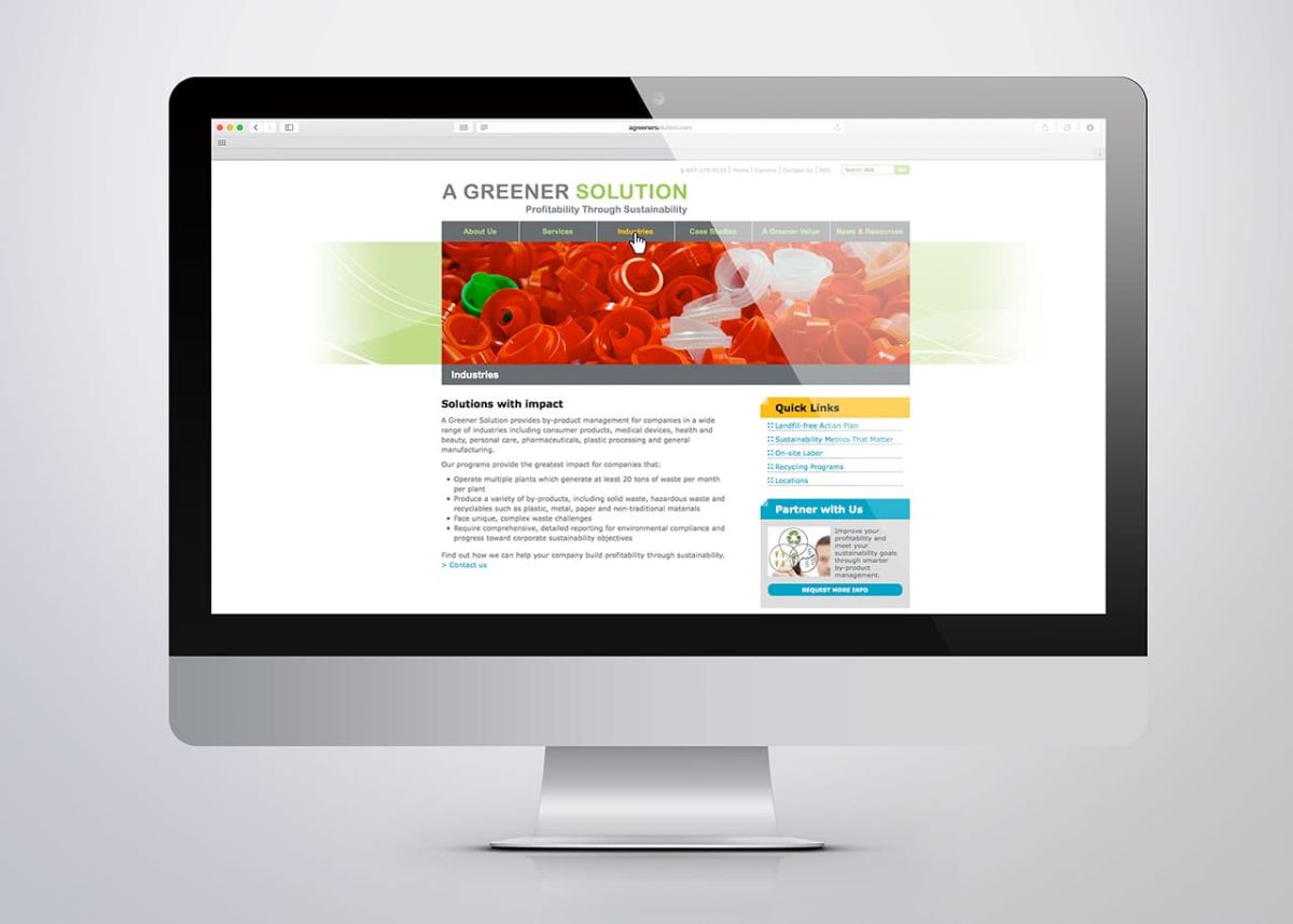 Secondary view of iMac mock-up of A Greener Solution Website Industries page