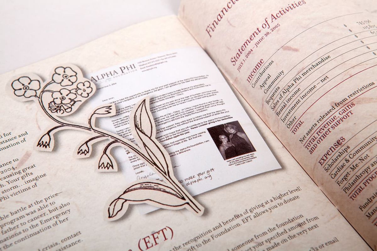 a zoom of the left side of an open copy of the alpha phi annual report