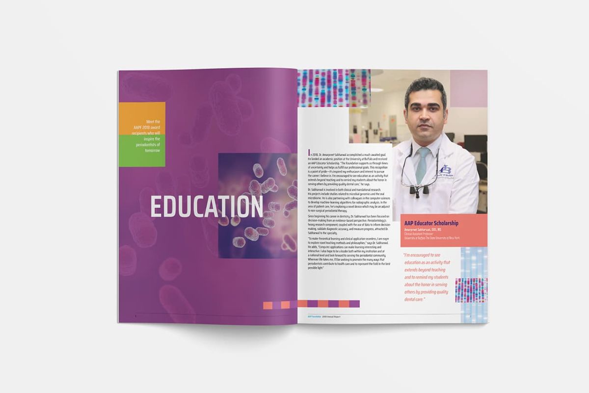 an open copy of the annual report with a page that has a purple background and the headline Education