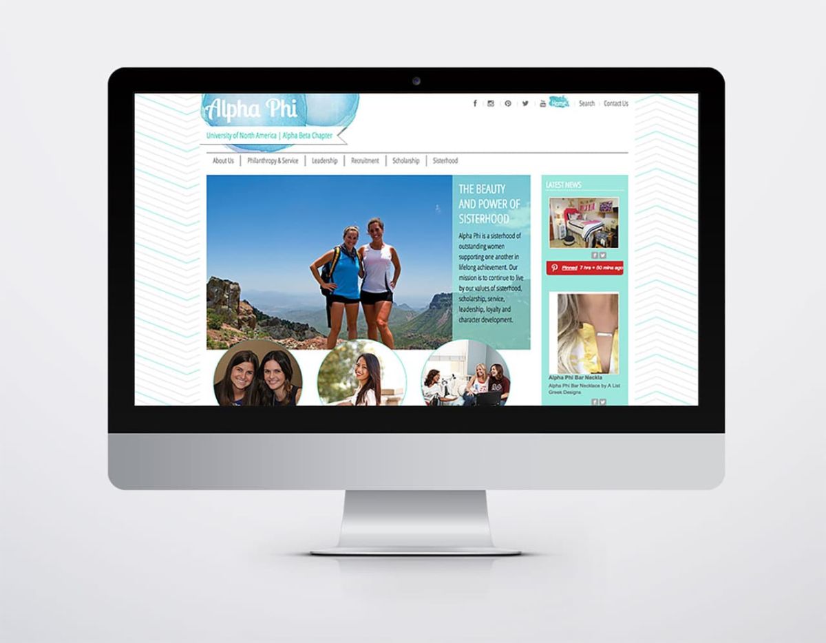 Mock up of an iMac showing one iteration of the Alpha Phi website design