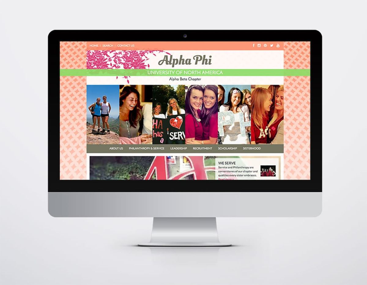 A colorful website redesign with pictures of the Alpha Phi sorority
